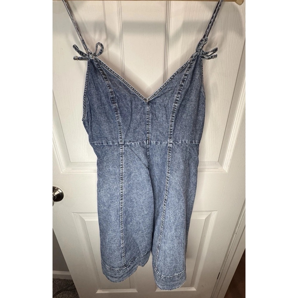 Main Strip Denim Dress Womens Size Large Y2K Vintage Cotton Spaghetti Straps Bow